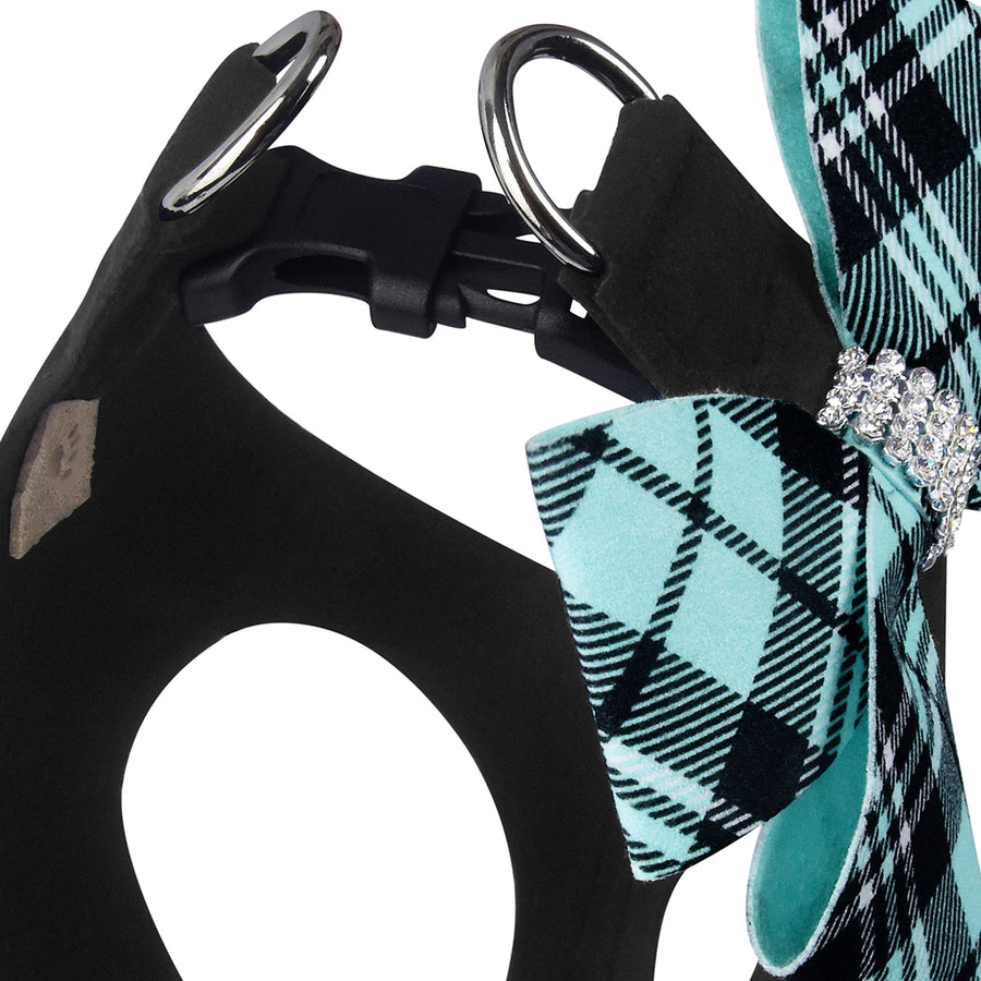 Susan Lanci Designs Black Step In Harness with Blue Plaid Bow