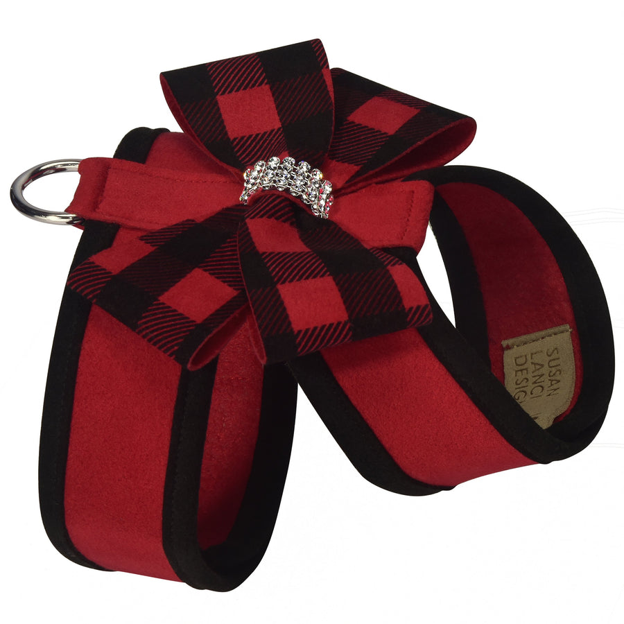 Red Gingham Nouveau Bow Tinkie Harness with Black Trim