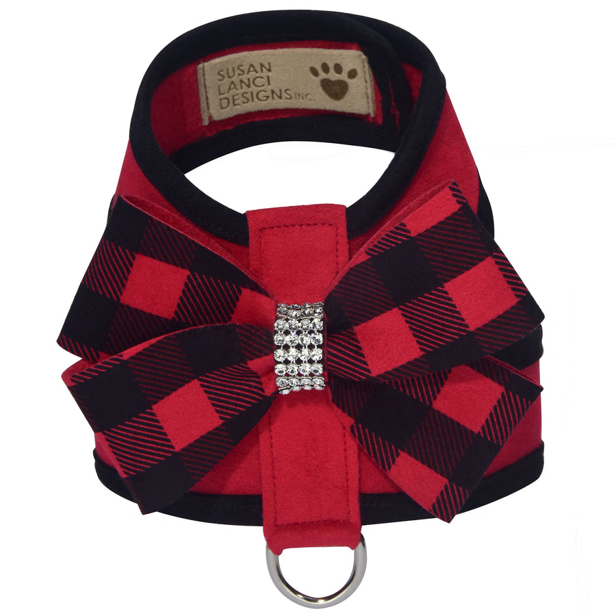 Red Gingham Nouveau Bow Tinkie Harness with Black Trim